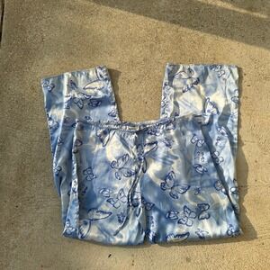 y2k 2000s Shut Eye Blue White Butterfly Print Satin Pants Drawstring Waist